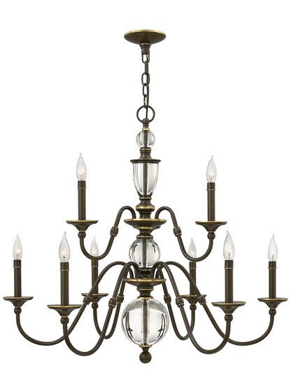 Eleanor Two Tier 9-Light Chandelier in Light Oiled Bronze.
